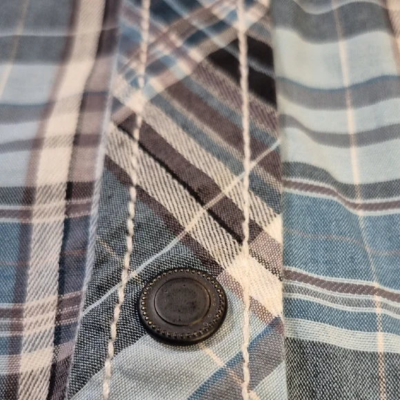 Buckle Black, Long Sleeve Black Label  Blue and Black Plaid Snap Down Mens Shirt - Picture 7 of 16
